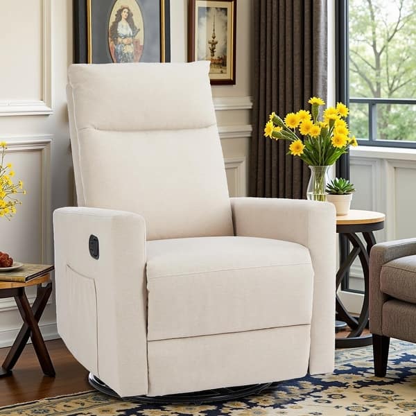 slide 2 of 24, Recliner Chair, Swivel Rocking, Glider Rocker Recliner, Nursery Chair With Footrest For Living Room Fabric Beige