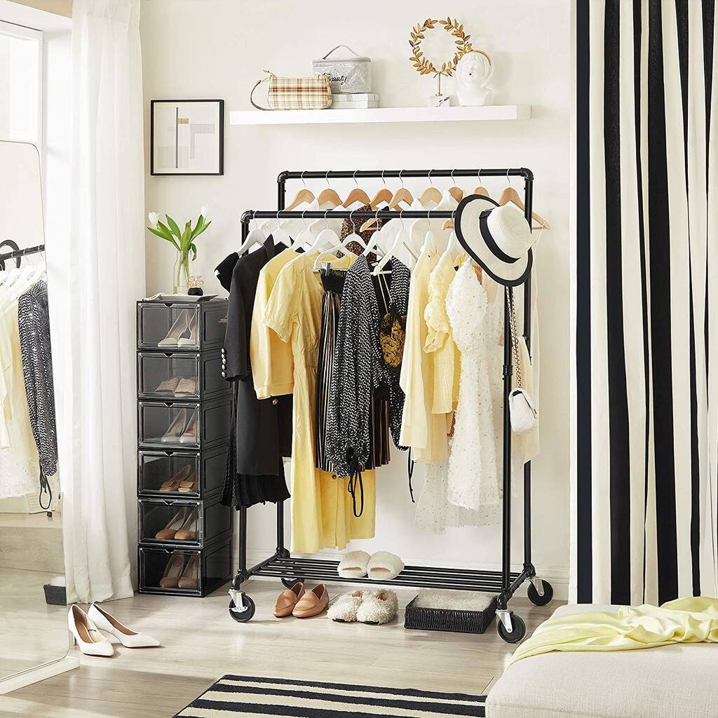 SONGMICS Industrial Pipe Clothes Rack Double Rail on Wheels with Commercial Grade Clothing Hanging Rack Organizer