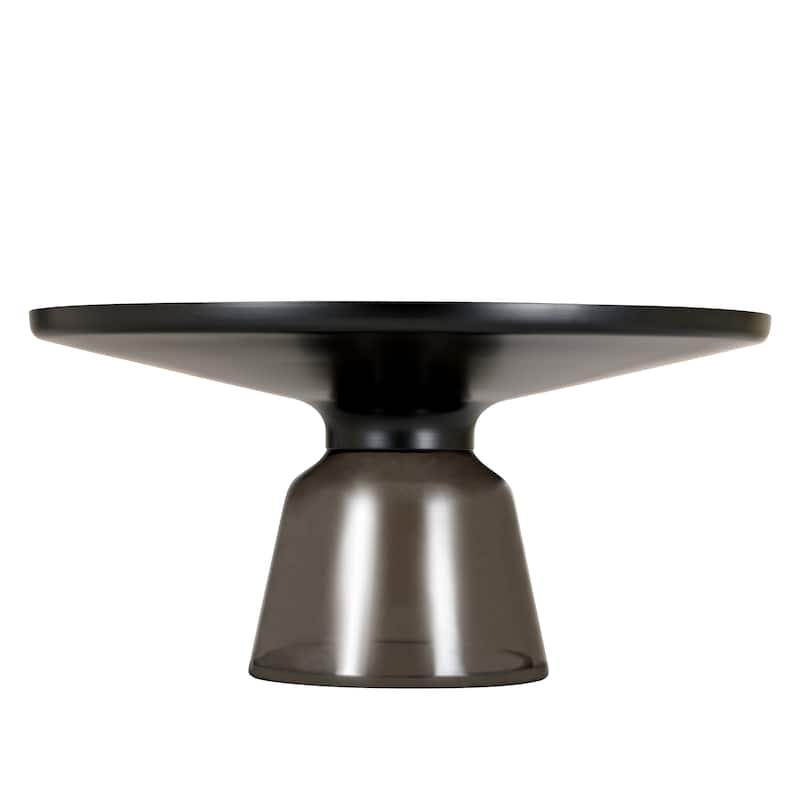 30-Inch Round Coffee Table Glass/Stone Tabletop with Black Iron Rim Frame Glass Pedestal Base
