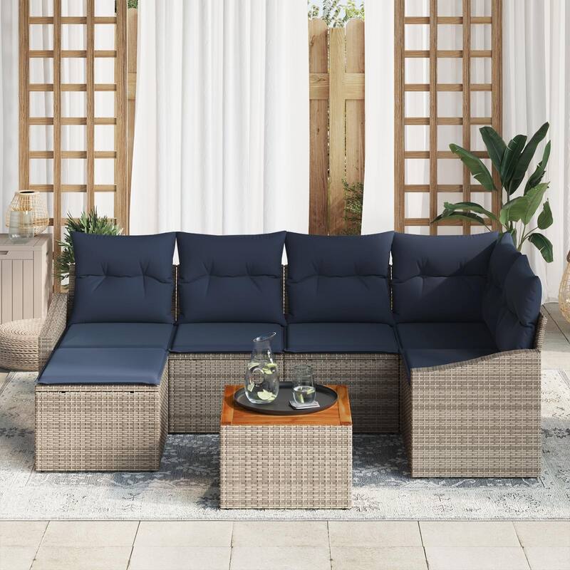 vidaXL 7 Garden Sofa Set with Cushions Black/Grey Poly Rattan - 91.9 x 48.6 x 27.2