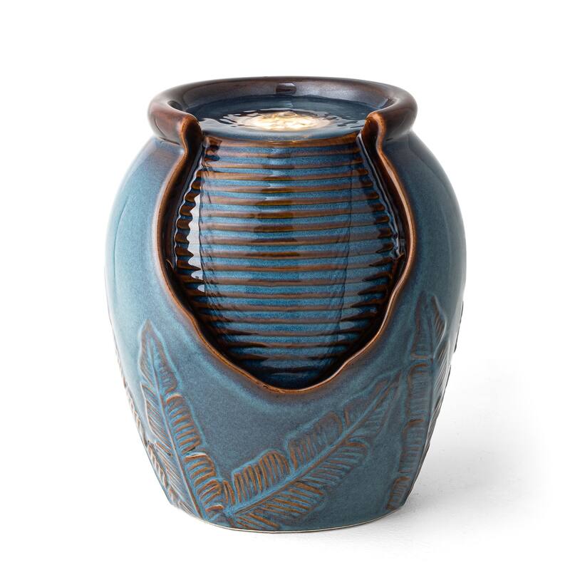 Glitzhome Leaf Textured Ceramic Jar Indoor Tabletop Water Fountain with LED Lights
