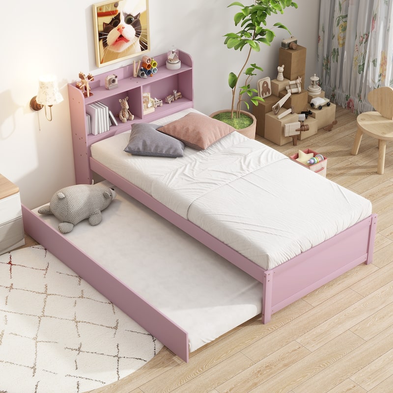 Wood Platform Bed with Trundle Bed, Storage Bed with Bookcase Headboard, Captains Bed, Wood Slat Support, No Box Spring Needed - Pink - Twin