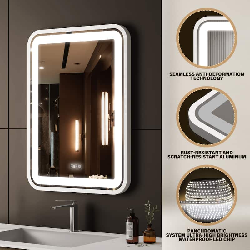 Silver Glass LED Vanity Mirror with Defog, Dimmable Lights and Memory - 36" W x 28" H