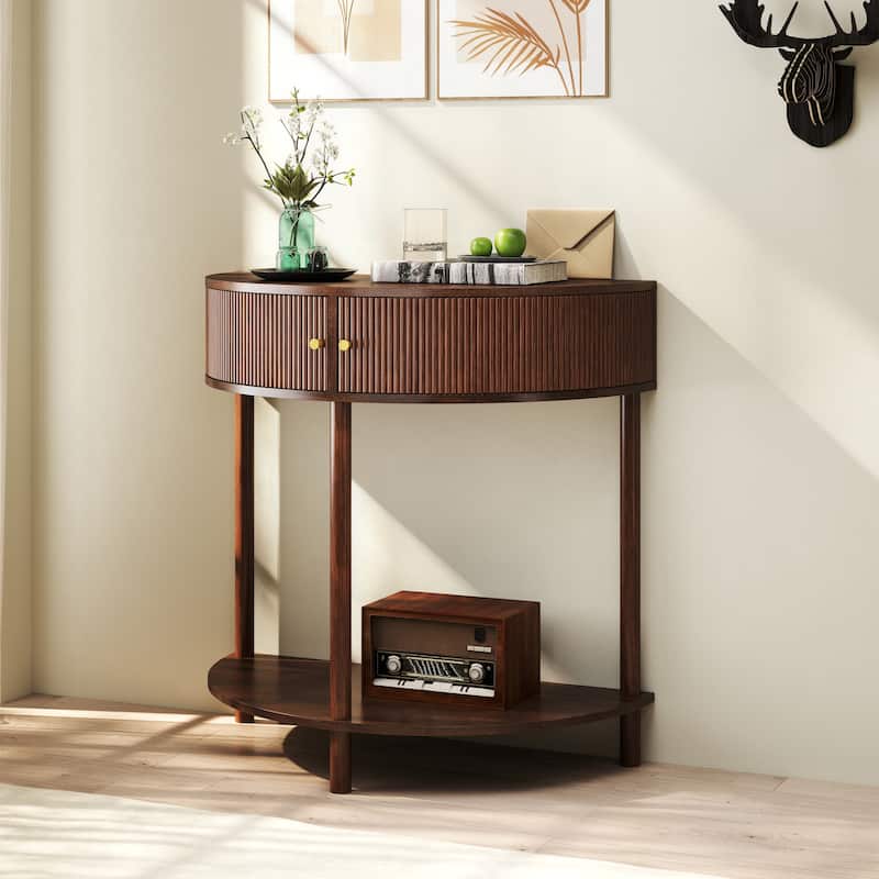 Artisan-Crafted Demi-Lune Console Table,Unique Half Moon Design End Table with 2 Drawers and Shelf