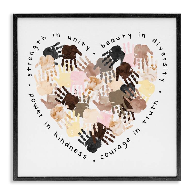 Stupell Powerful Strength In Unity Phrase Handprint Heart Framed Wall Art, 12x12 - 24 x 24 - Black