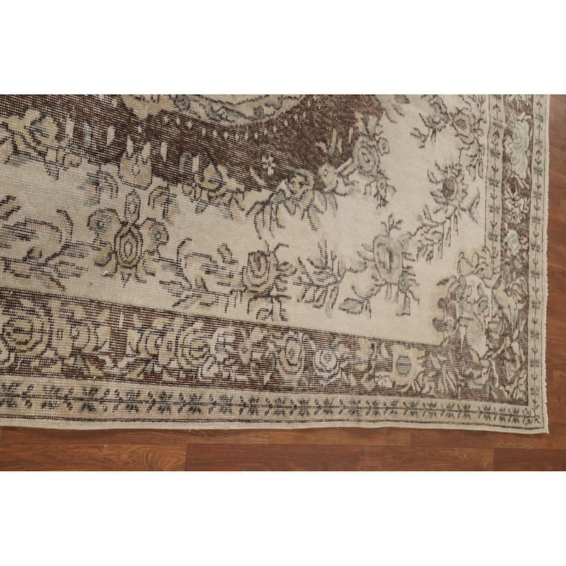 Distressed Ivory Sparta Turkish Vintage Area Rug Handmade Wool Carpet - 5'9"x 9'2"