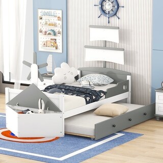Gray Twin Size Pine Wood Boat-Shaped Platform Bed with Trundle and Storage, Sturdy Slats and Rails