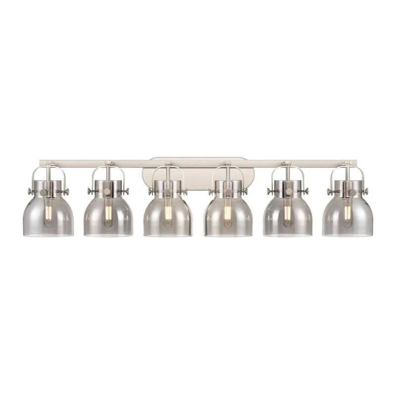 Innovations Lighting Pilaster II Bell - 6 Light 46" Wall-Mounted Bath Vanity Light - Satin Nickel/Light Smoke