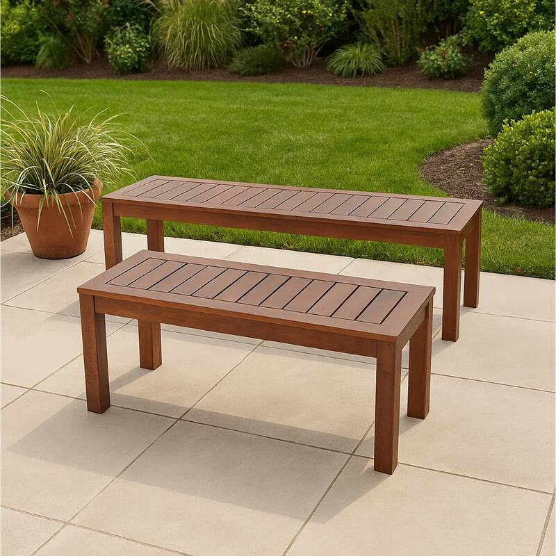 Feya Outdoor Bench Set of 2, 62 Inch Smooth Brown Acacia Wood Top