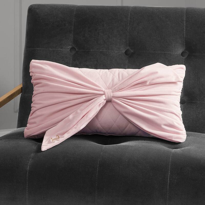 Juicy Couture Velvet Bow Designer Decorative Pillow - 10" x 18" - Marshmallow Pink