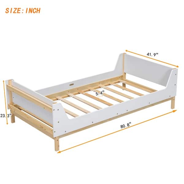 dimension image slide 1 of 2, Wood Twin Platform Bed Frame with Headboard & Footboard