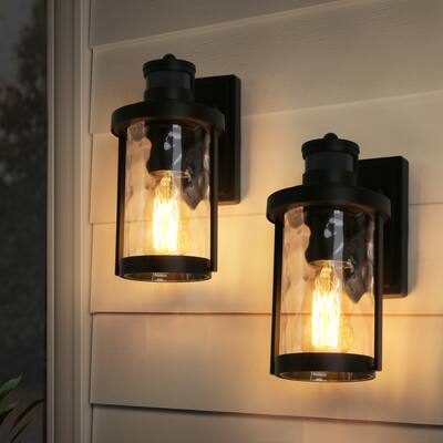 Modern Black Outdoor Wall Light Motion Sensing Wall Lantern with Water-Rippled Glass Shade (2-Pack)