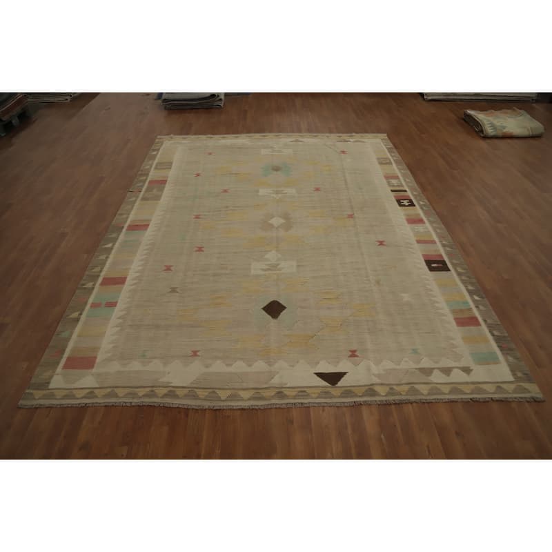 Hand Woven Oriental 100% Wool Carpet Southwestern Tribal Beige & Ivories Kilim Area Rug - 11' 11'' X 8' 9''