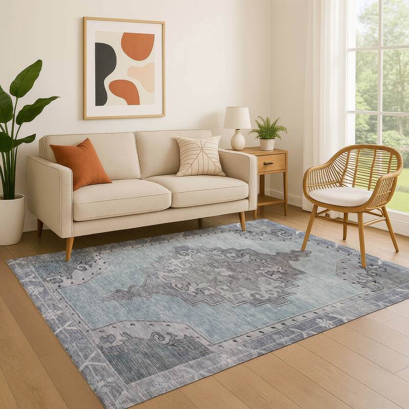 Premium Washable Super Soft Vintage Traditional Mayfield Rug - Sky - 9' x 12'
