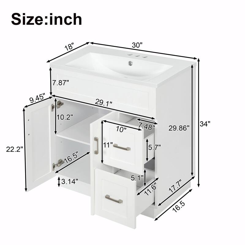 30" Bathroom Vanity with 2 Doors & 2 Drawers, Adjustable Shelf, Soft-Close Hinges and Damped Drawer Slides