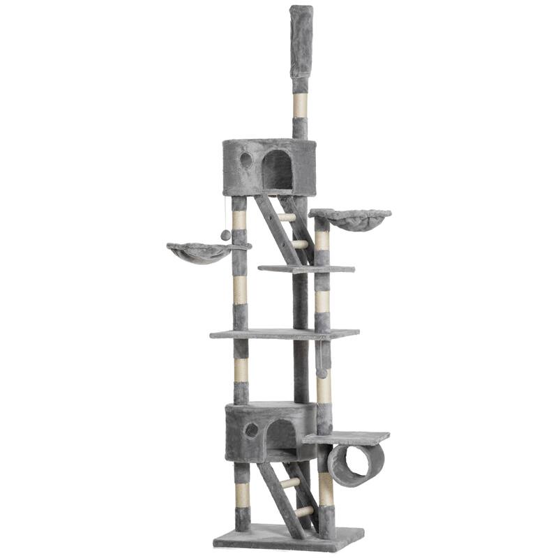 PawHut Floor to Ceiling Cat Tree, 94.5-102.5 inch Adjustable Height Cat Climbing Tower Light Gray -  Light Gray