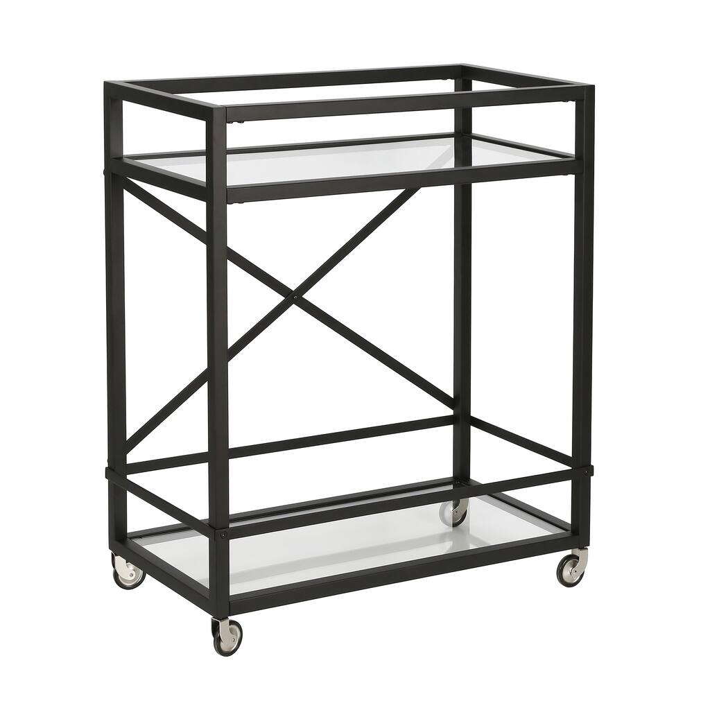 Modern Industrial Rolling Bar Cart with Glass Top and Blackened Bronze Frame 2 Shelves with Wheels