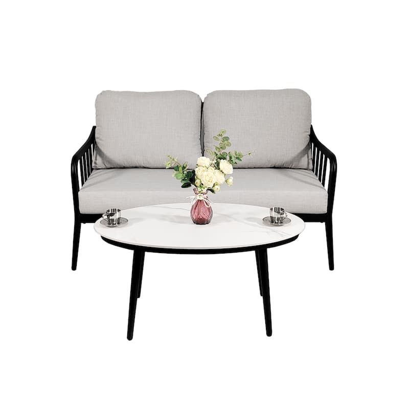 2-Piece Outdoor Loveseat & Table - Sunbrella Cushions, Carrara Stone-Look, Ember Black Frame - 29.9" D x 53.1" W x 30.9" H