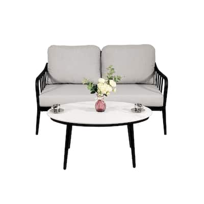 2-Piece Outdoor Loveseat & Table - Sunbrella Cushions, Carrara Stone-Look, Ember Black Frame - 29.9" D x 53.1" W x 30.9" H