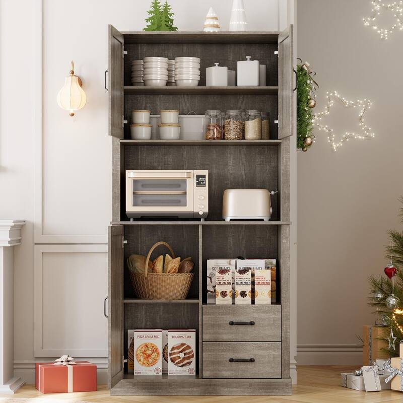 Pantry Cabinet with 2 Drawers and Open Shelves, Tall Freestanding Kitchen Pantry Cabinet with Microwave Shelf
