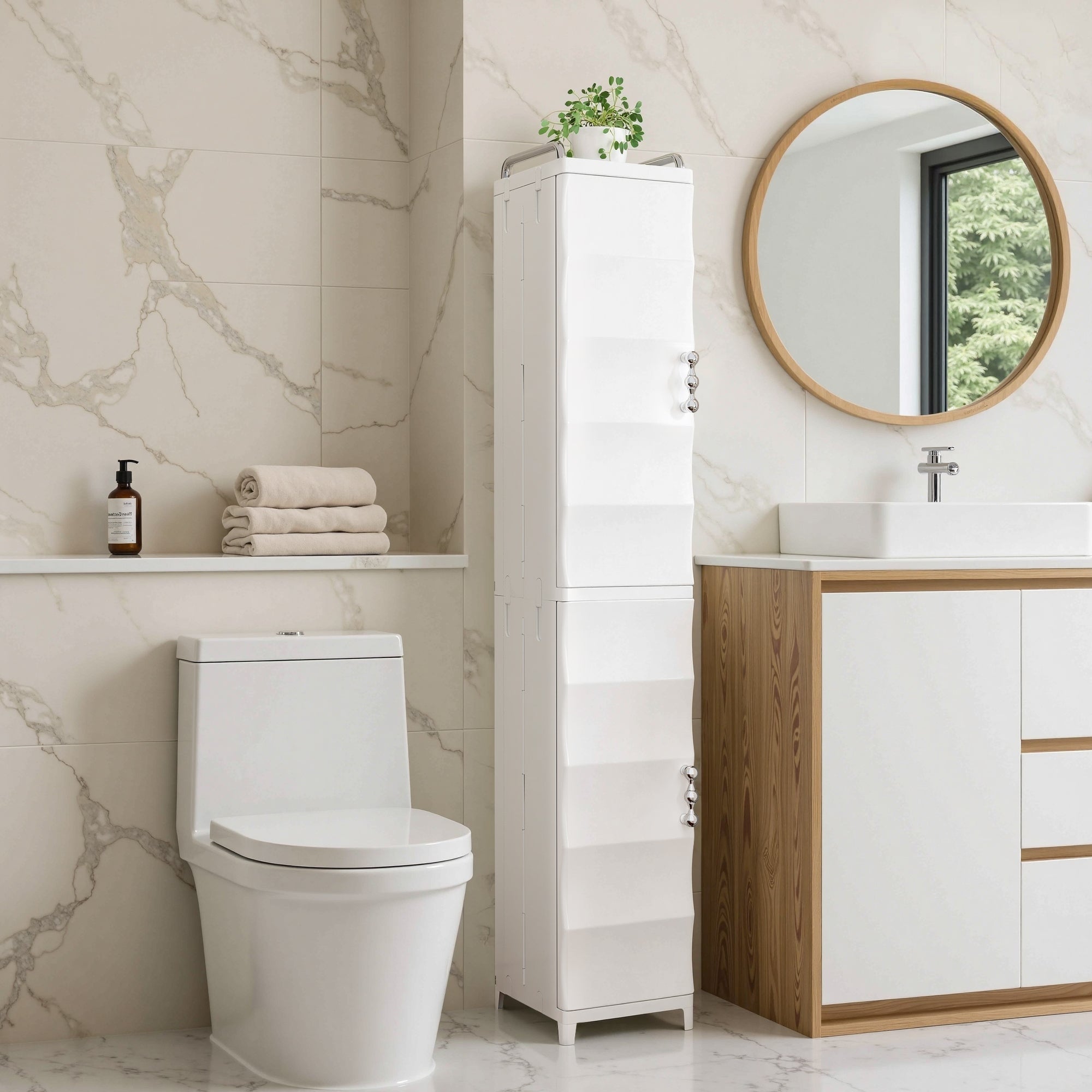 VECELO White Waterproof Plastic Bathroom Storage Cabinet with Adjustable Shelves Space Saving Narrow Cabinet with Handles