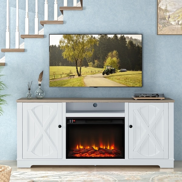 slide 2 of 12, 70" Farmhouse TV Stand with Fireplace, Fits up to 75" TV - 70"W x 30"H x 14.5"D Grayish-white