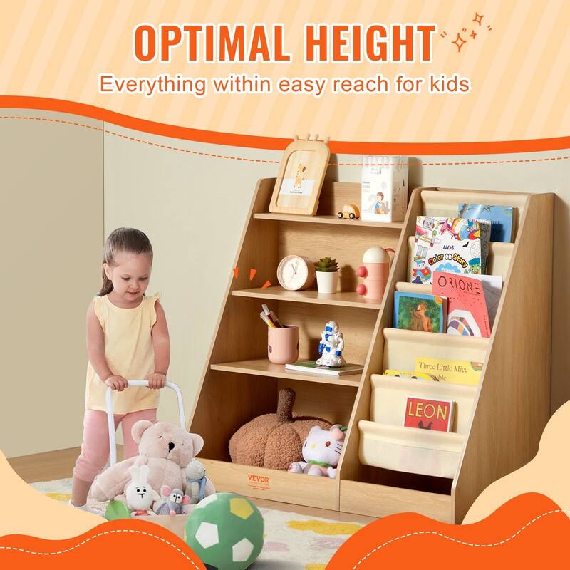 4-Tier Kids Wooden Bookshelf, Six-Layer Sling Bookcase, Baby Storage Book Rack, Book Toy Organizer Cabinet, for Kids Room