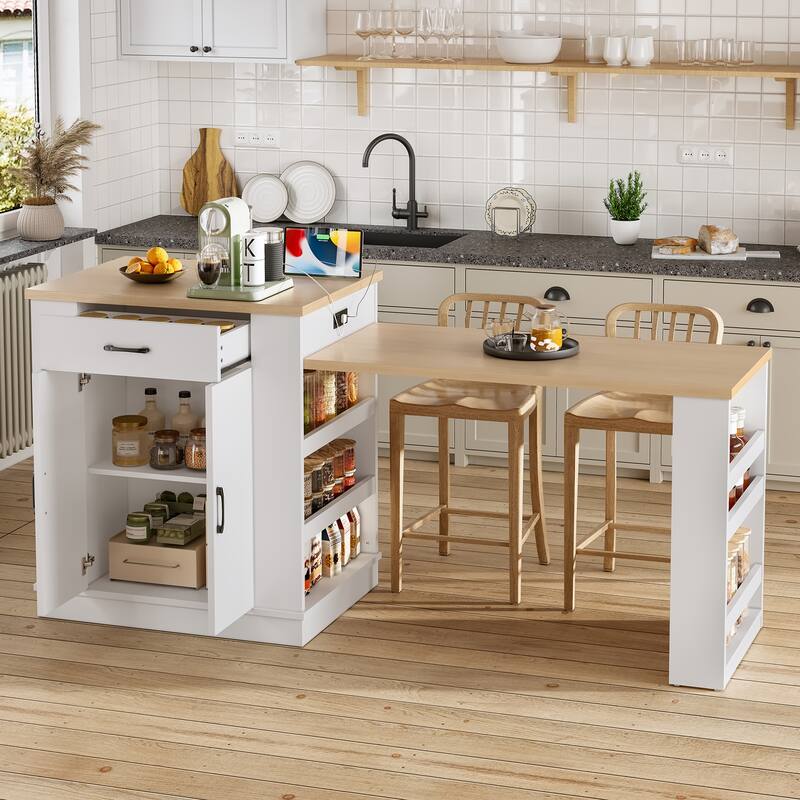 Extendable Kitchen Island with Drawers Cabinets and Open Shelving Multi Functional Dining Table - White