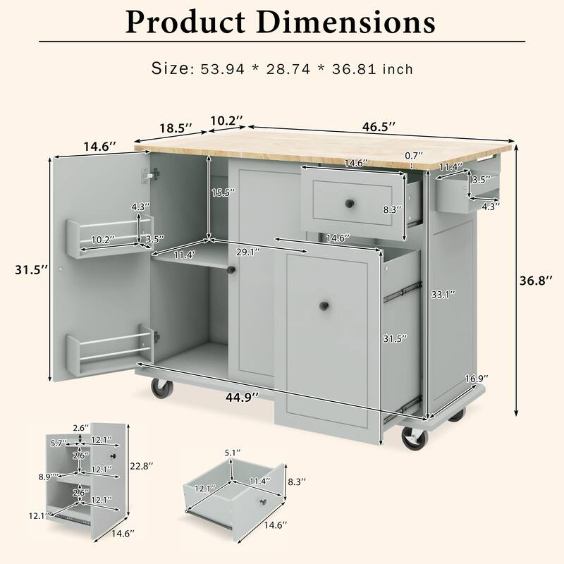 53.9" Width Rolling Kitchen Cart on Wheels with Internal Storage Rack - N/A