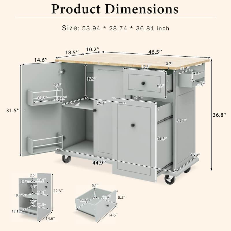 53.9 in. W Kitchen Island Rubberwood Drop-Leaf Countertop on 5 Wheels with Internal Storage Rack and 3 Tier Pull Out Cabinet
