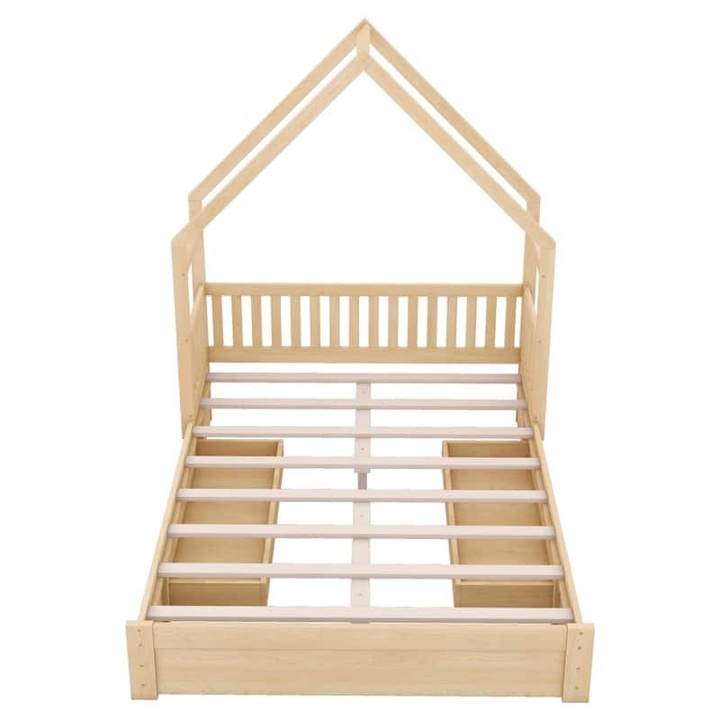 Queen Size House Shape Platform Bed Frame Safety Guardrail Storage Drawers Kids Bed