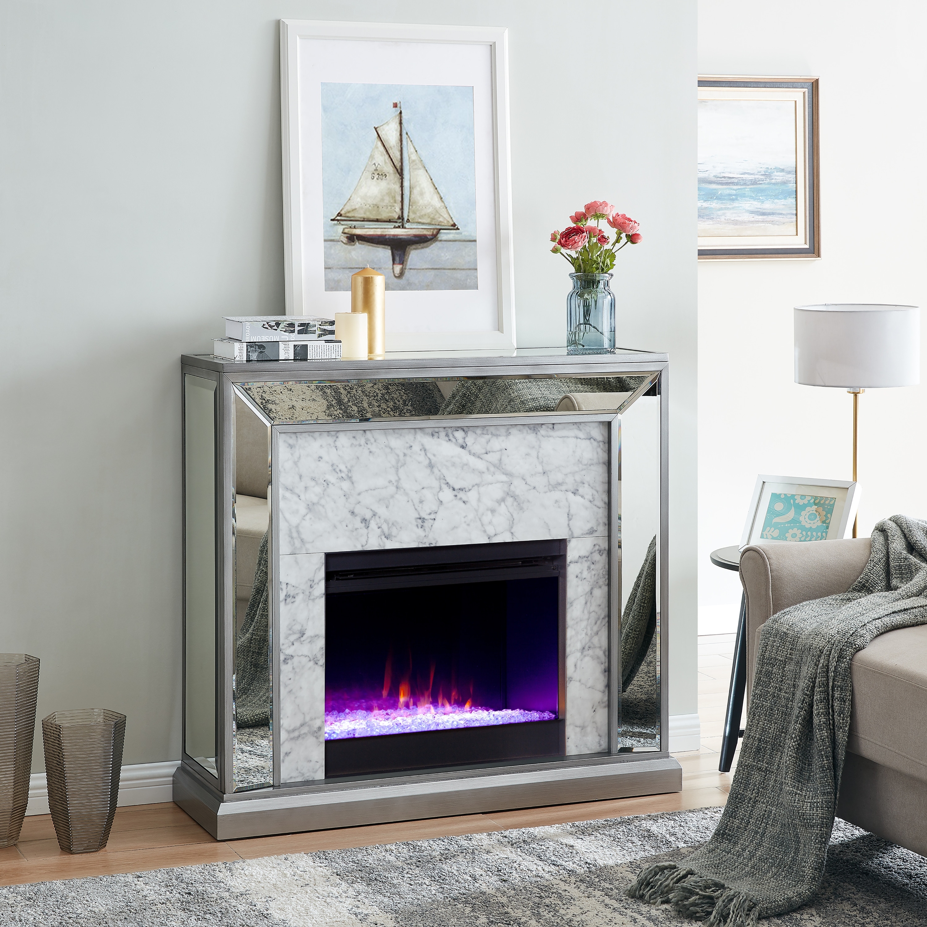 SEI Furniture Tranton Contemporary Color Changing Electric Fireplace with a Mirrored and Faux Marble Mantel