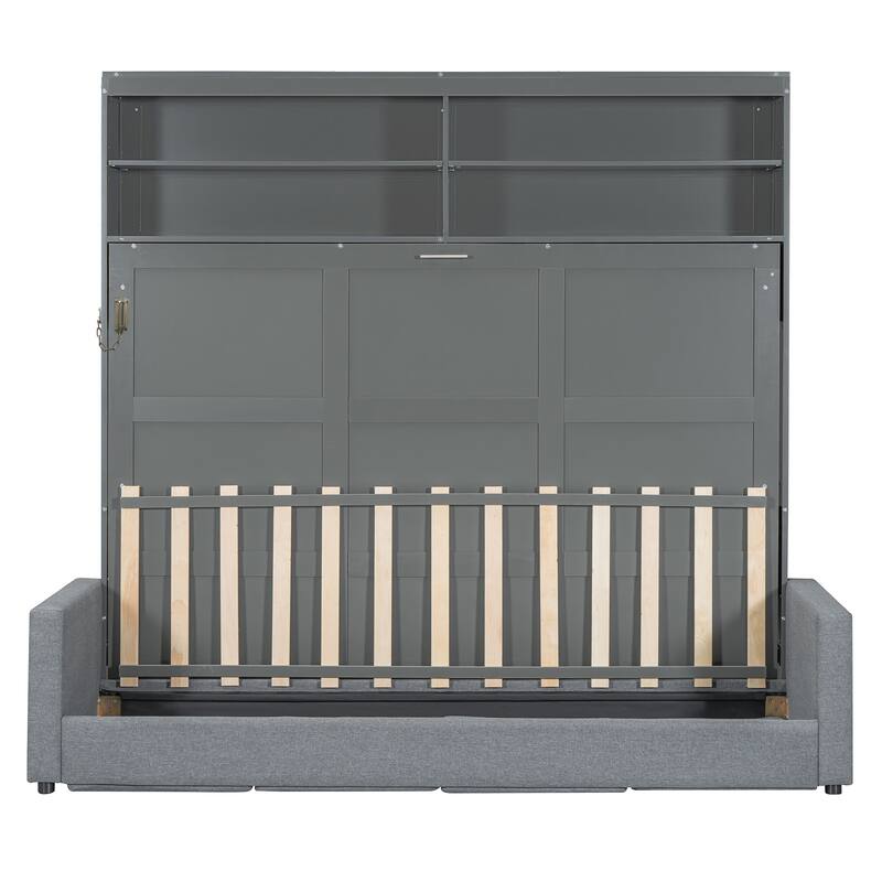 Queen Size Wall Bed with Sofa in Gray, Space-Saving Murphy Bed Design