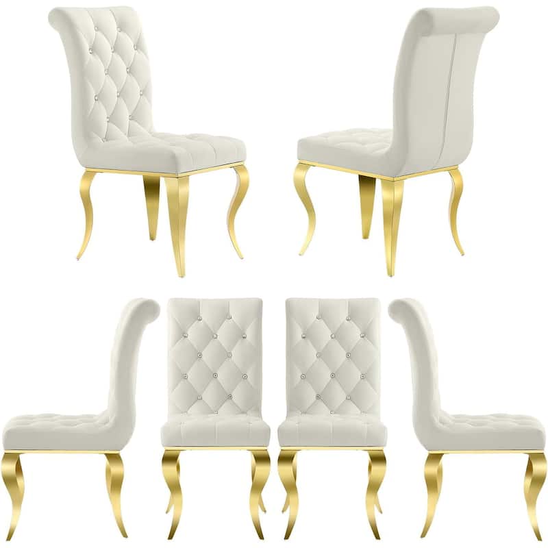 Luxury White Velvet Dining Chairs with Crystal Decor Button Tufted Back and Gold Metal Legs - Set of 6