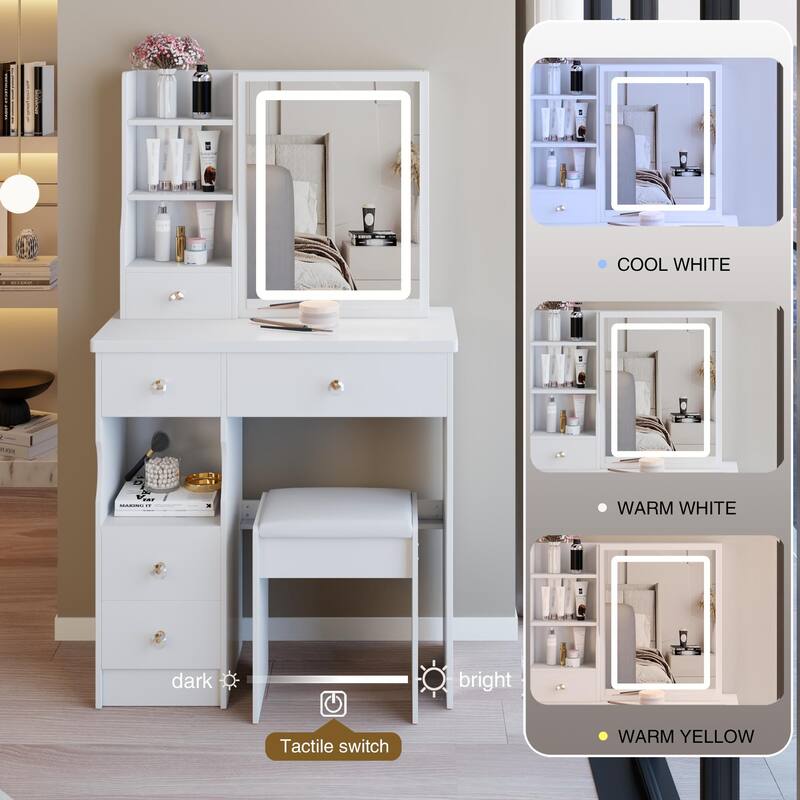 29.2"Small Size Left Drawer Desktop Vanity Table +Cushioned Stool,Large Sliding Adjust LED Mirror,High Capacity Storage
