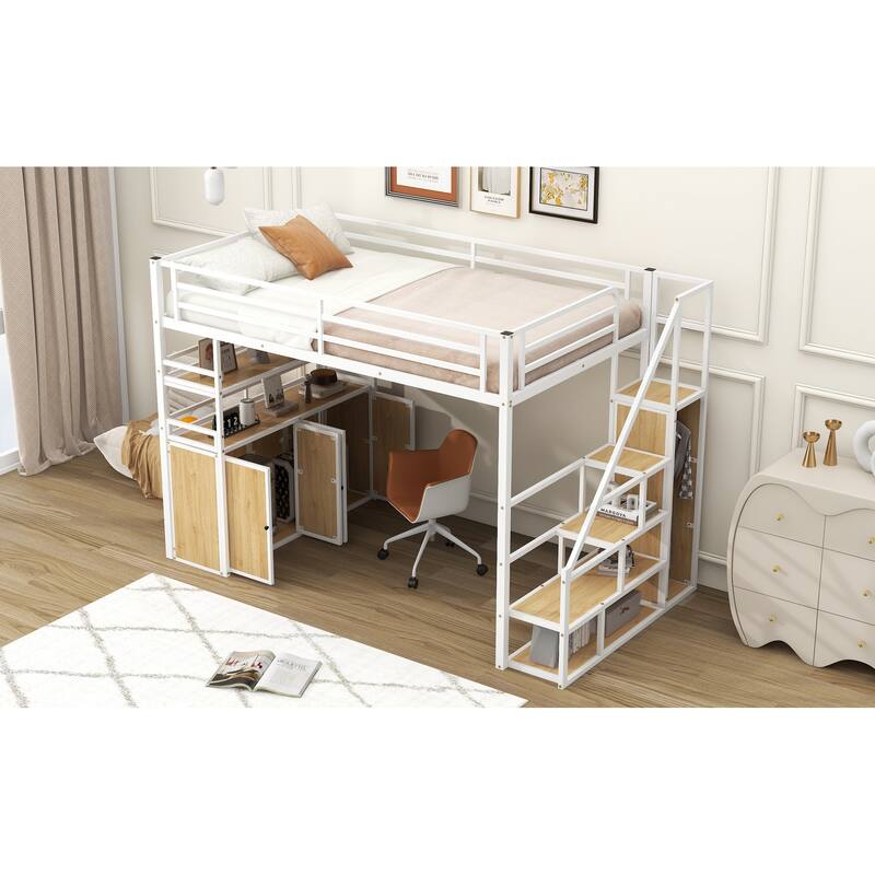 Full Size Metal Loft Bed with Storage Staircase and Wardrobe,Shelves and Lockers