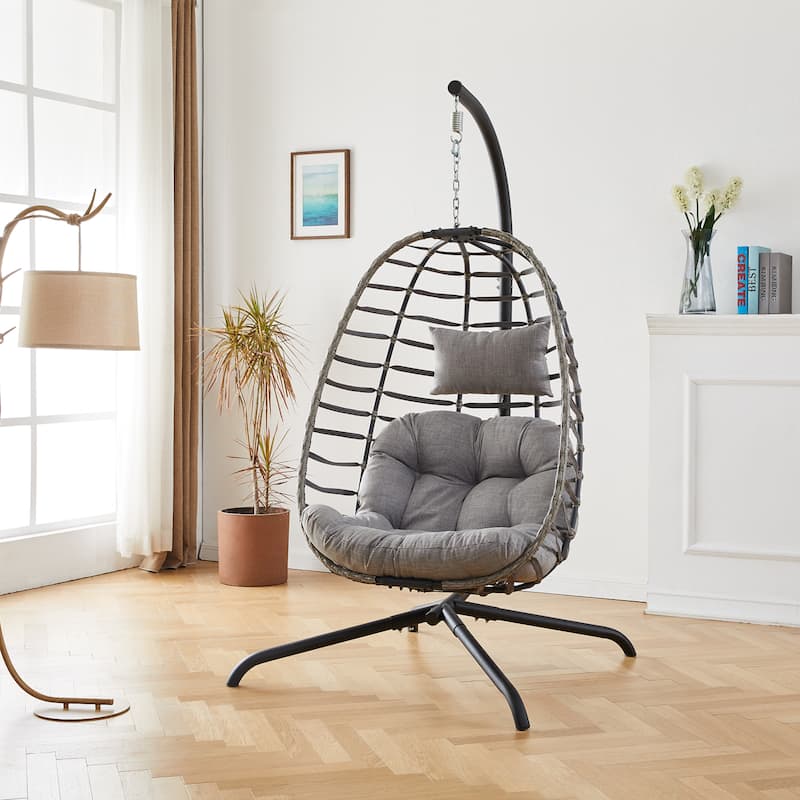 Foldable Wicker Hanging Egg Chair with Stand - Grey