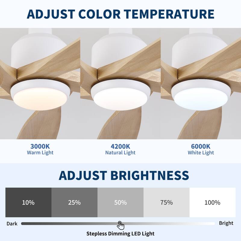 52 inch Natural Style Cozy Solid Wood White Ceiling Fan with Light, Quiet DC Motor