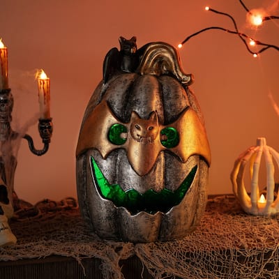 Lighted Metallic Jack-O-Lantern in Bat Mask Halloween Decoration - 14" - Multi LED