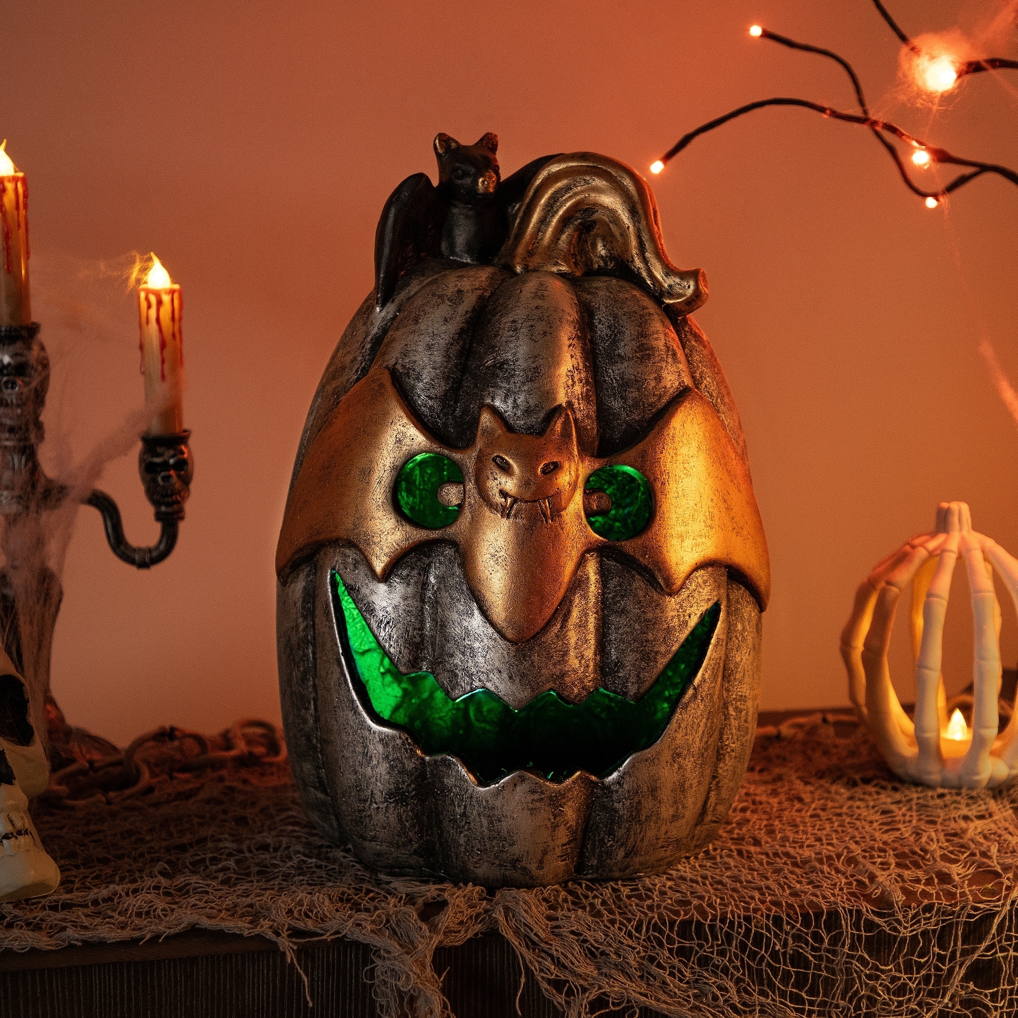 Metallic Jack-O-Lantern In Bat Mask Halloween Decoration 14" Multi Led