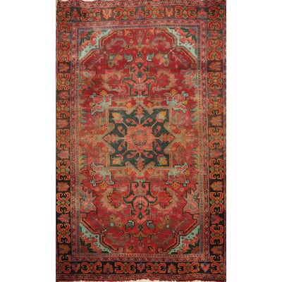 Hand Knotted Oriental 100% Wool Carpet Traditional Floral Red Heriz Area Rug - 4' 7'' X 3' 2''