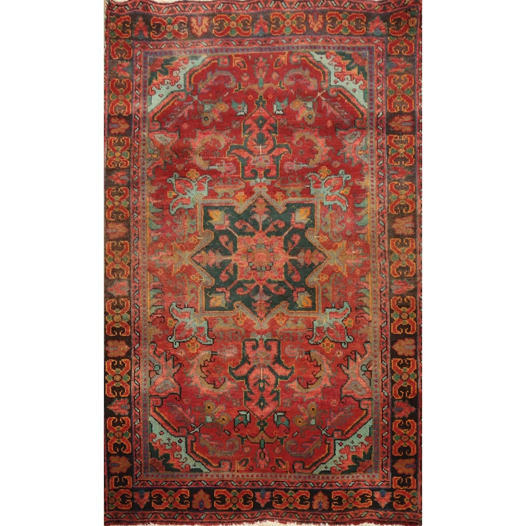 Hand Knotted Oriental 100% Wool Carpet Traditional Floral Red Heriz Area Rug - 4' 7'' X 3' 2''
