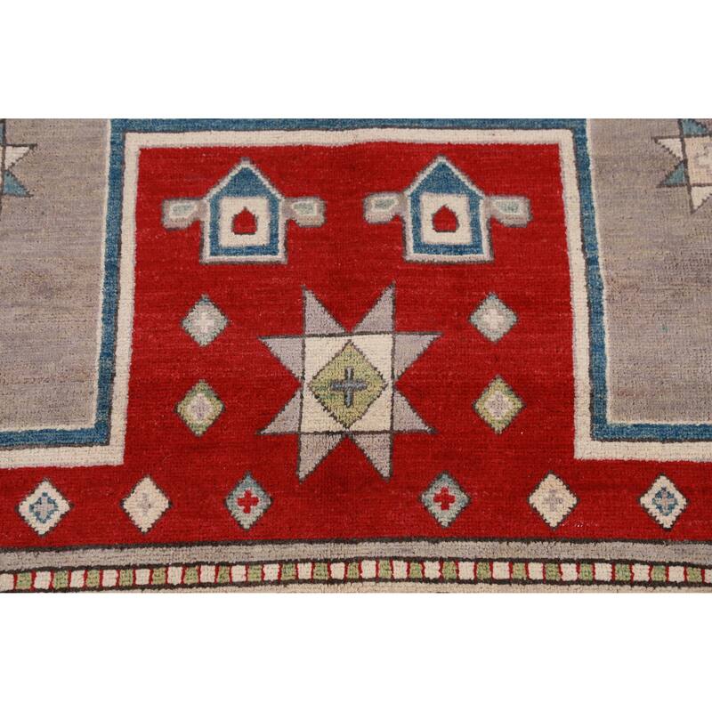 Hand Knotted Oriental 100% Wool Carpet Traditional Geometric Greys & Charcoal Kazak Area Rug - 9' 6'' X 7' 9''