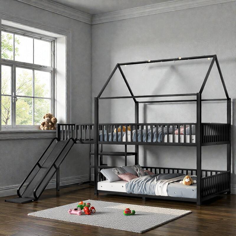 Metal House Bunk Bed with Storage Stairs and Slide, Safety Rails, Twin/Full Kids Bed Frame
