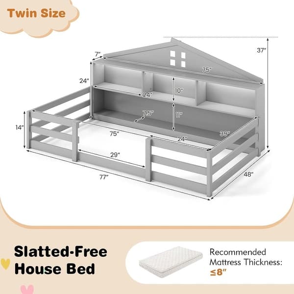 dimension image slide 2 of 4, Twin/Full Size Versatile 2-in-1 Montessori Floor Bed w/LED Light