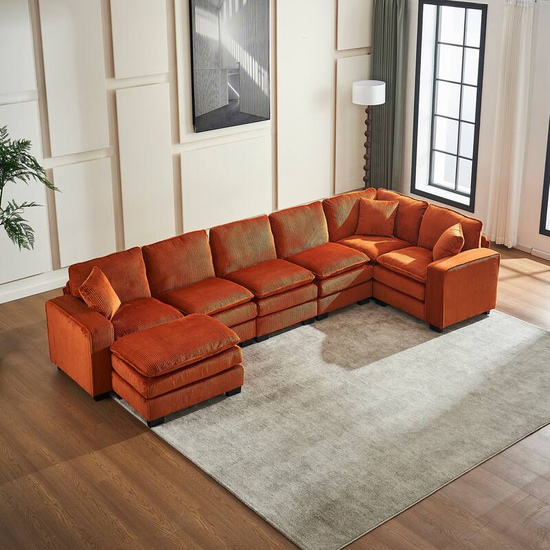 Modern U Shaped 6-seat Sectional Corduroy Sofa Couch with one Ottoman and three toss pillows ,Modular Sofa for Living Room