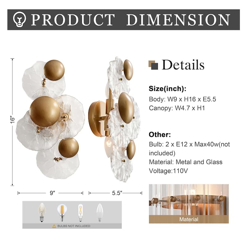 Frieda 2-Light Brushed Brass Glass Flower Wall Sconce - 9" W x 16" H x 5.5" D