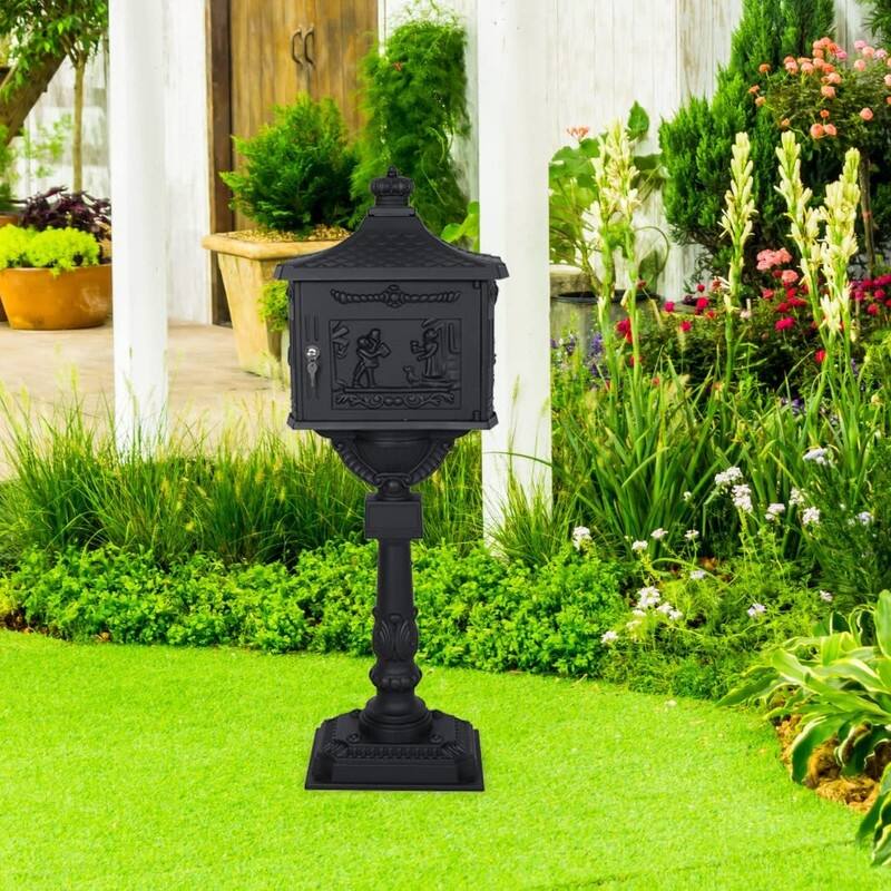 Retro Mid-century Aluminum Cast Mailbox with Post and Keys, Locking Residential Rust-Proof Security Postal Mailboxes