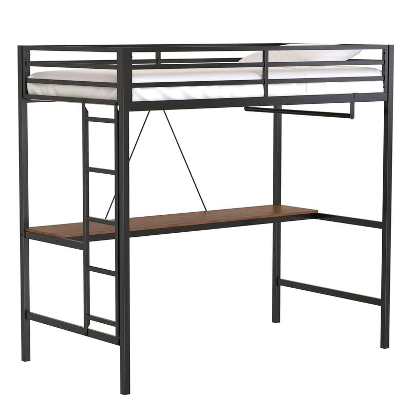 Sturdy Twin Size Loft Bed with Cinnamon Wood Desk and Closet Rod, Metal High Loftbed Frame with Ladder and Guardrails