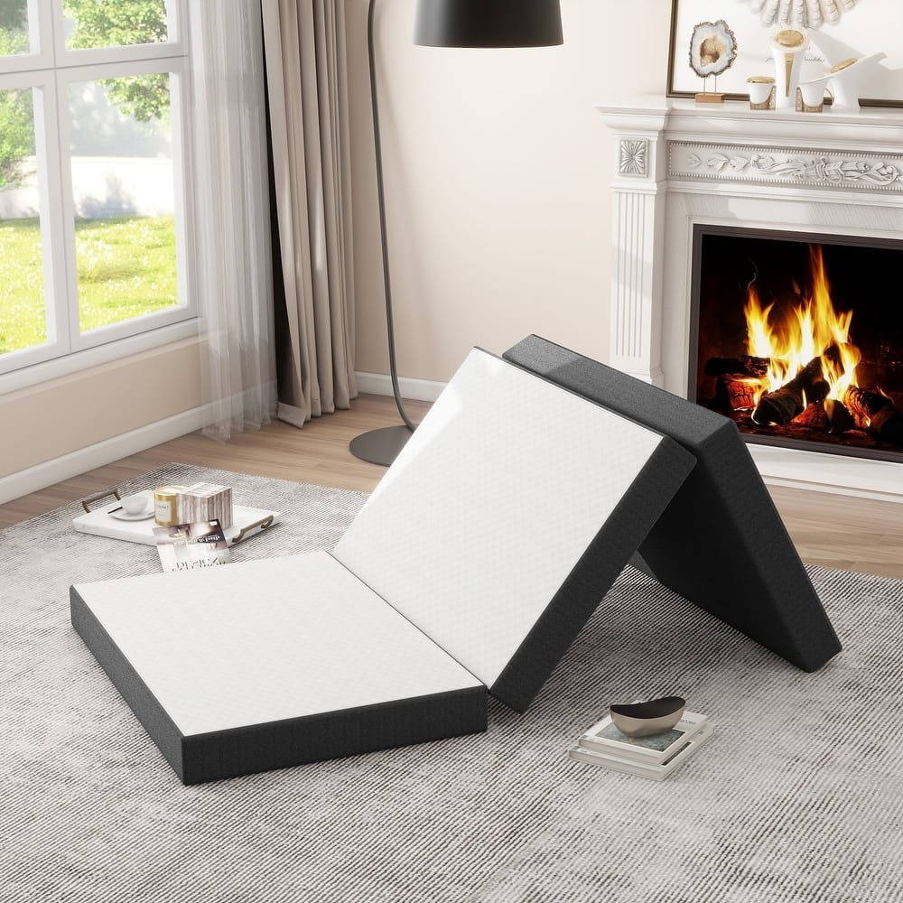 Folding Mattress, 4 inch Tri-fold Memory Foam Mattress Topper for Camping, Foldable Mattress Topper with Washable Cover - White